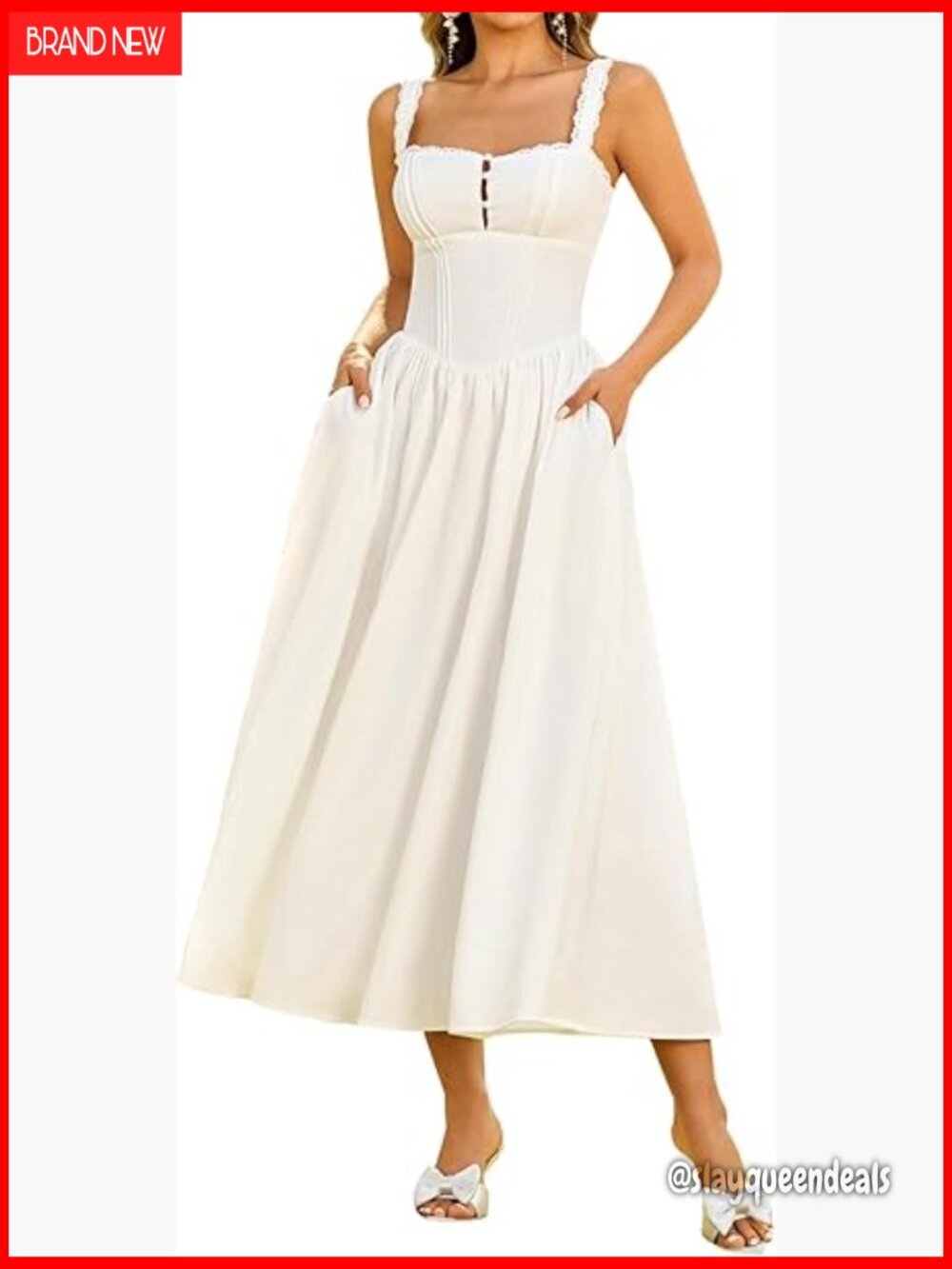 Floral Lace Smocked Corset Midi Dress with Pockets
